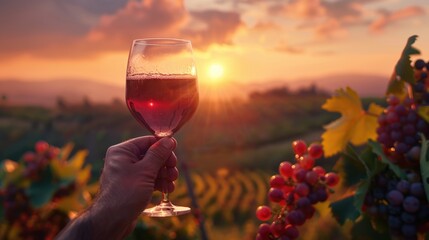 Winemaker holding a glass of wine at the winery. Vineyard fields background at sunset. Wine making concept. Ripe grape bunches growing outdoor. - obrazy, fototapety, plakaty
