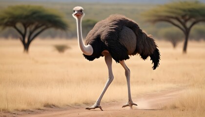 An Ostrich Strutting Confidently Across The Savann Upscaled 3 - obrazy, fototapety, plakaty
