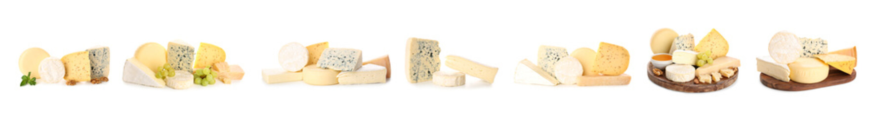 Collage of different types of cheeses on white background