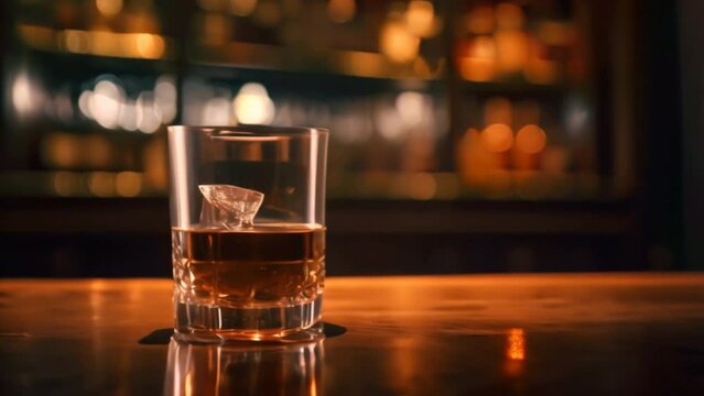 A glass of whiskey on the bar table behind the bar