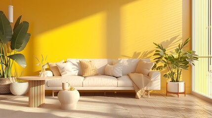 generative AI to craft an image of a modern luxury living room inspired by Asian Indian aesthetics, with a focus on a lush yellow color scheme and sophisticated interior elements