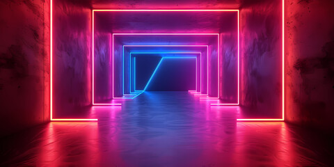 Abstract Futuristic Neon Background, Glowing Lines, Triangular Tunnel, Corridor, Ultraviolet Neon Light, Empty Space - A Room With A Tunnel With Neon Lights