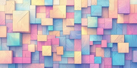 A background of multicolored wooden shapes, arranged in an organic pattern. The colors include shades like pink and blue, creating a vibrant contrast against the natural wood texture.