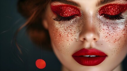 Closeup portrait of a woman with bold red glitter eyeshadow long eyelashes and red lipstick for Christmas. Concept Closeup Portrait, Woman, Red Glitter Eyeshadow, Long Eyelashes, Red Lipstick