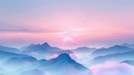 Poster Beautiful foggy sunrise over mountains © ananda