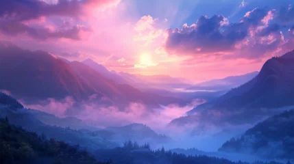Deurstickers Beautiful foggy sunrise over mountains © ananda