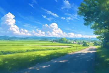 A beautiful anime background of an empty country road with green fields on both sides, trees and blue sky, sunny day, countryside.
