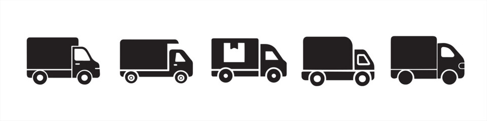 Shipping delivery truck icon set. Express delivery trucks icons. Fast shipping truck. Free delivery 24 hours. Logistic trucking sign. Vector illustration.