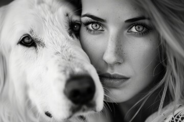 Black and white portrait of a beautiful young woman with expressive eyes, holding her white dog close to her face.