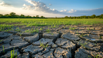 Land with dry and cracked ground and green field .Desert, Global warming background
