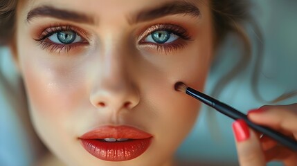 Closeup of a woman getting her makeup done by a professional artist. Concept Makeup Artistry, Beauty Transformation, Closeup Photography, Cosmetics Application, Behind the Scenes - Powered by Adobe