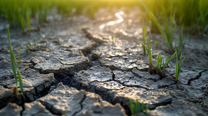 Fototapeta premium Land with dry and cracked ground and green field .Desert, Global warming background