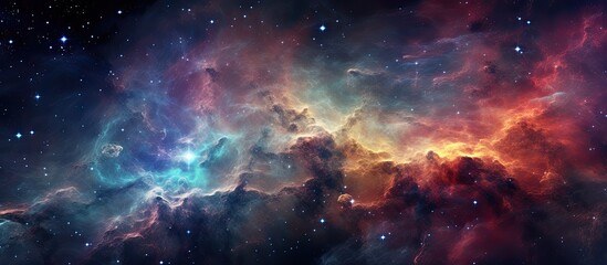 A stunning painting depicting a vibrant nebula in space with shades of purple, violet, and magenta. The clouds and atmosphere create a beautiful landscape in the cosmic sky - obrazy, fototapety, plakaty