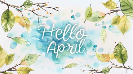 Abstract background with watercolor colorful splashes and leaves. Hello April modern calligraphy lettering. Spring concept background. - obrazy, fototapety, plakaty