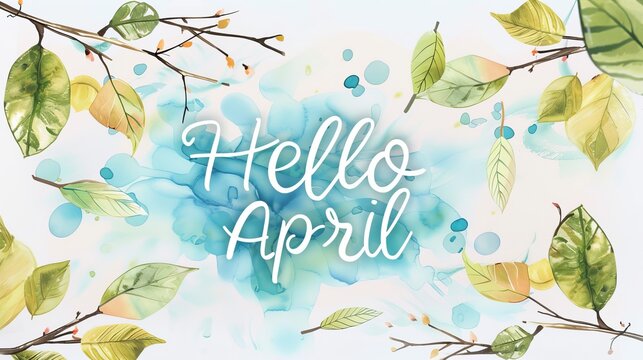 Abstract background with watercolor colorful splashes and leaves. Hello April modern calligraphy lettering. Spring concept background.