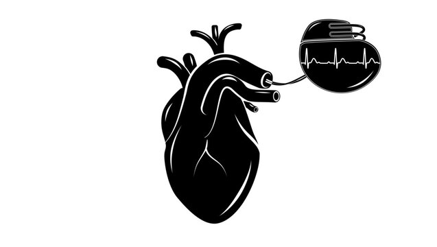 Artificial cardiac pacemaker in heart, black isolated silhouette