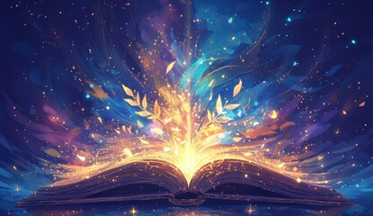 A book with colorful, glowing pages is open and spilling out words of wisdom. The background shows an abstract dark space that enhances the vibrant colors of light particles emanating from within.  - obrazy, fototapety, plakaty
