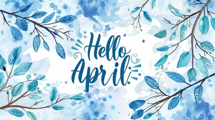 Abstract background with watercolor colorful splashes and leaves. Hello April modern calligraphy lettering. Spring concept background.