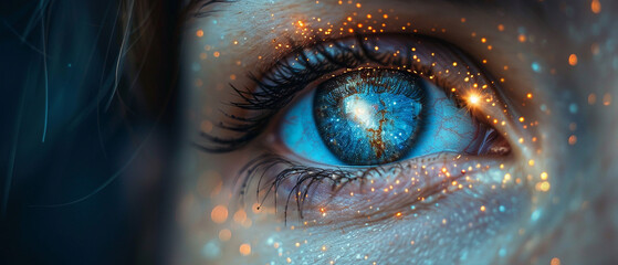 An eye with a galaxy in the iris and the universe in the background. Awareness - obrazy, fototapety, plakaty