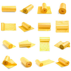 Set of yellow garbage bags isolated on white