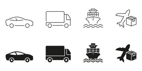 Delivery Service Transport Line and Silhouette Icon Set. Car, Truck, Ship, Plane Symbol Collection. Cargo Shipment Pictogram. Shipping Vehicle Sign. Transportation Types. Isolated Vector Illustration