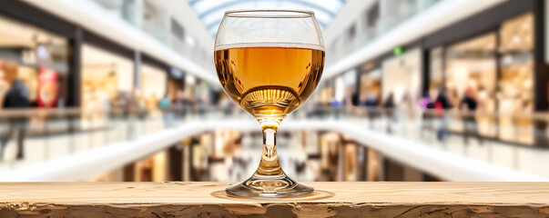 A Photo Of Beer Glas An Empty Very Old Wooden Board Top With A Blurred Shopping Mall In The Background - A Glass Of Beer On A Table - 763198967