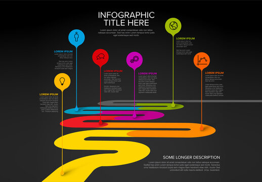 Infographic timeline template with droplet arrows pointers on thick curved color line on dark background