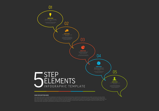 Five simple colorful steps in speech bubbles dark diagonal process infographic template