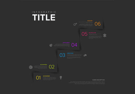 Infogrpahic stairs steps diagram template with six step elements on dark background