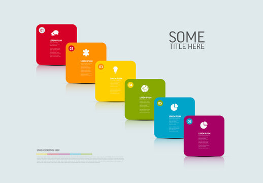 Light infographic template with six rounded diagonal color square block card steps with reflections