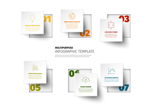 Light infographic template with six white square step blocks
