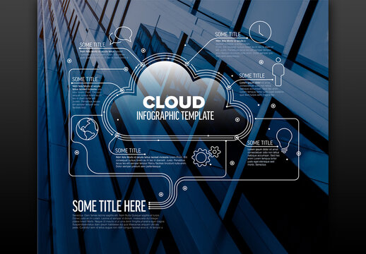 Vector Infographic report template made from lines and icons with cloud storage and background photo placeholder