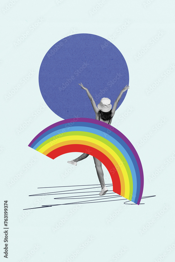 Sticker vertical creative composite photo collage of positive woman raising hands up dancing with rainbow is