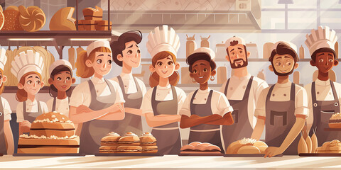Animated Bakery Team Smiling Together with Delicious Baked Goods on Display - obrazy, fototapety, plakaty