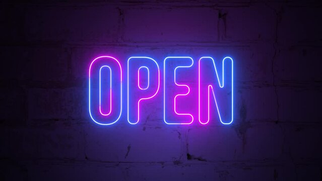 Open neon sign light on brick wall background concept animation retro style 4K