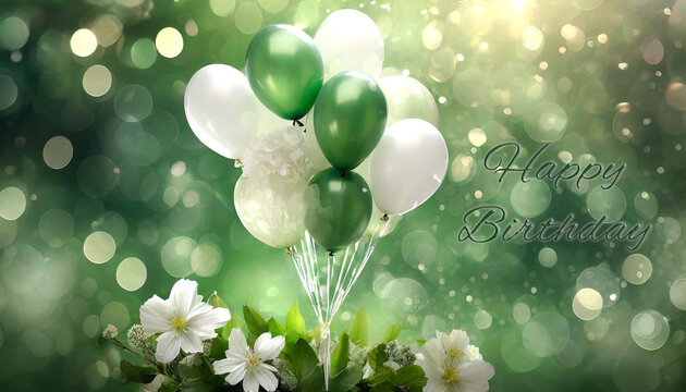 card or banner to wish a happy birthday in green with green and white balloons and white flowers underneath on a green background with circles in bokeh effect
