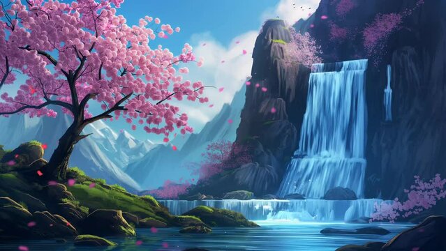 Beautiful waterfall and cherry blossom tree with falling leaves in spring. seamless looping 4k time-lapse animation video background