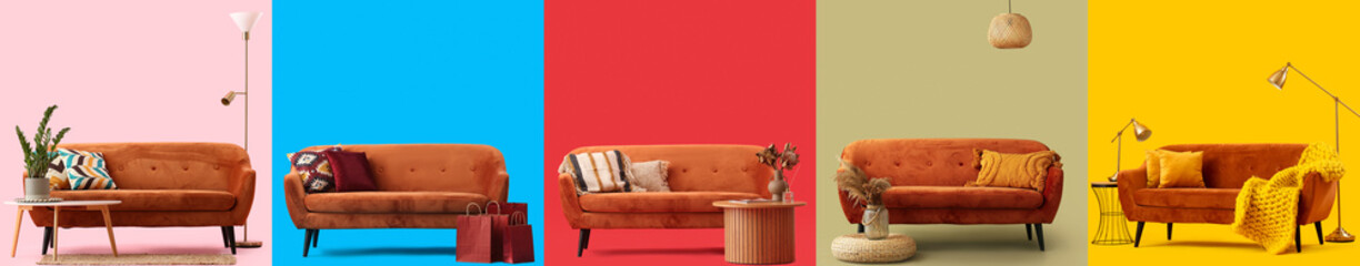 Collage of brown sofa with pillows, tables and lamps on color background
