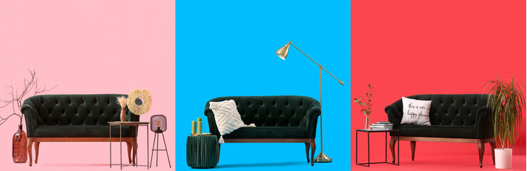 Collage of dark green sofa with pouf, tables, houseplant and lamps on color background