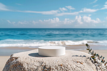 Fototapeta na wymiar product podium display with beautiful sand beach daylight time for advertisement