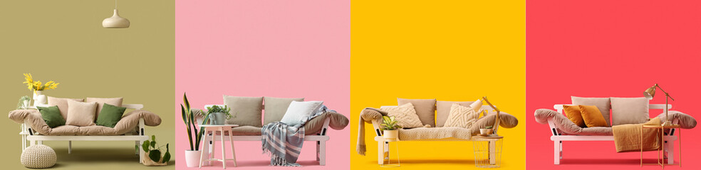 Collage of grey sofa with tables, houseplants and lamps on color background - obrazy, fototapety, plakaty