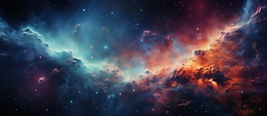 A stunning artwork depicting a vibrant nebula in space, filled with electric blue hues resembling clouds and water in the sky, creating a mesmerizing cosmic landscape - obrazy, fototapety, plakaty