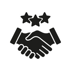 Growth And Achievement Silhouette Icon. Partnership, Appreciation, Business Communication Symbol. Core Value Concept. Handshake With Stars Glyph Pictogram. Isolated Vector Illustration