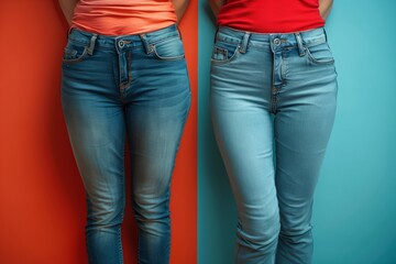 Joint aqua denim jeans on two women standing side by side