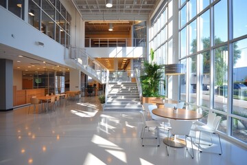 A large Empty room. open office space with a staircase leading up to a second floor