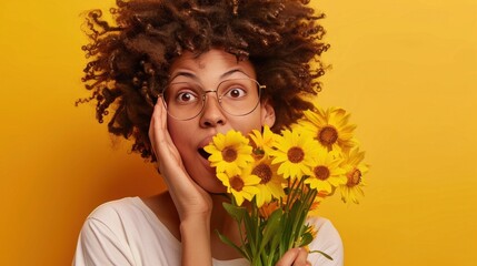 Surprised happy mixed race woman with curly hairstyle, looks with amazement, keeps hand on cheek, wears spectacles, white t shirt, can not believe her eyes, holds splendid bouquet of yellow flowers