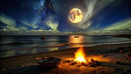 Photo sur Plexiglas Aurores boréales the-view-of-the-full-moon-light-hitting-the-sea-at 