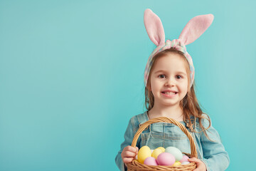 Cute little child wearing bunny ears on Easter day. Girl holding basket with painted eggs on light blue background - obrazy, fototapety, plakaty