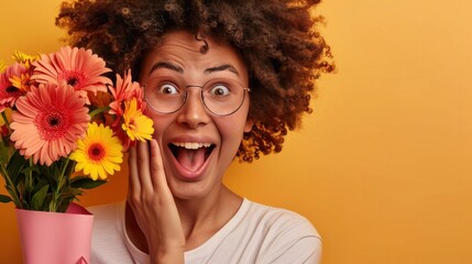 Surprised happy mixed race woman with curly hairstyle, looks with amazement, keeps hand on cheek, wears spectacles, white t shirt, can not believe her eyes, holds splendid bouquet of yellow flowers - obrazy, fototapety, plakaty