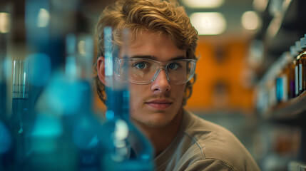 Obraz premium Scientist Working in Laboratory, Young researcher analyzing samples in a lab environment with focus and determination.